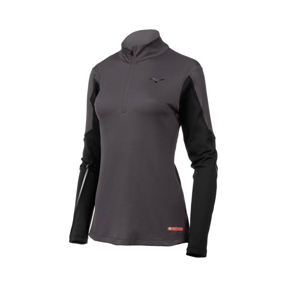 Womens Mizuno Breath Thermo® Half Zip Base Layer Grey/Black Philippines (FDNXSG306)